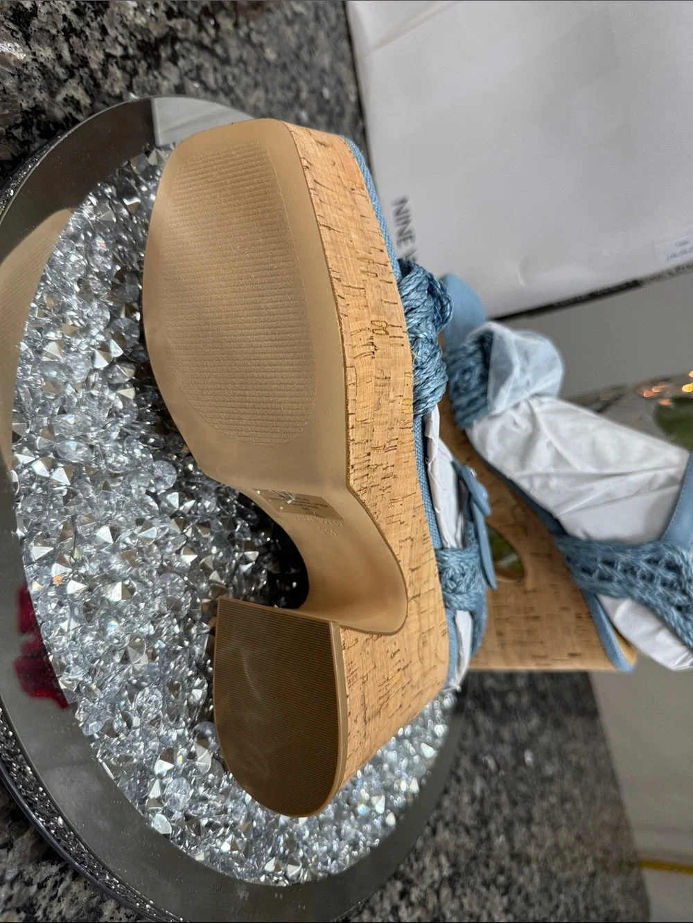Nine West Comiele Light Blue denim Braided Cork Platform SandalsNEW 9